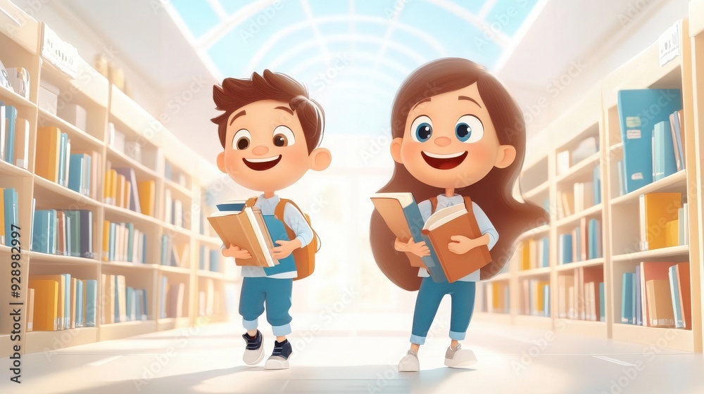 Two happy children explore a bright library, carrying books as they enjoy their reading adventure together. Two happy children explore a bright library, carrying books as they enjoy their reading adventure together.