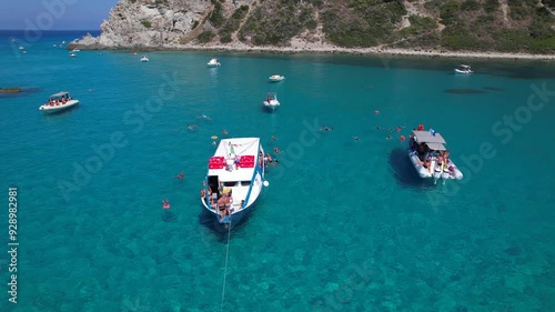 Capo Vaticano is a resort in the commune of Ricadi in southern Italy, in Tropea and Nicotera on the famous Mar Tirreno, a meridional tourist destination on the Costa degli Di. 08/24/2024, drone video 