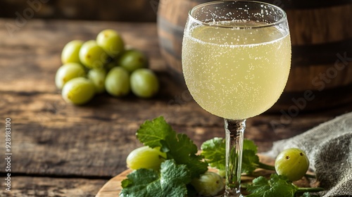 A glass of chilled gooseberry wine, with condensation on the outside, set on a wooden table with a small bunch of gooseberries beside it photo