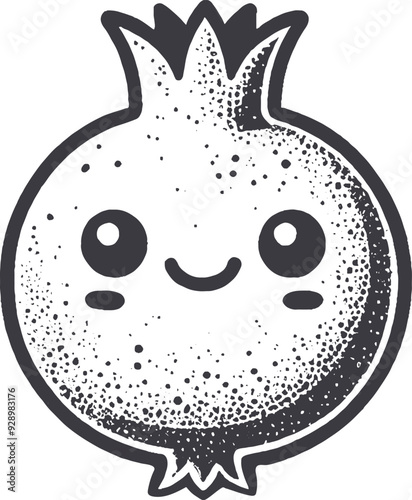 Grunge-Style Pomegranate Smiling Fruit Character with Texture, Rough Hand-Drawn with Grainy Print Effect.