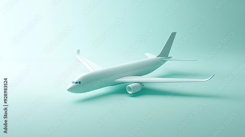 Serene Mint and White Minimalist Background with Stylish Airplane Sculpture in Soft Lighting