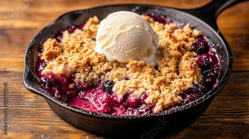 A gooseberry crumble served in a cast iron skillet, with a scoop of vanilla ice cream melting on top, placed on a rustic wooden table