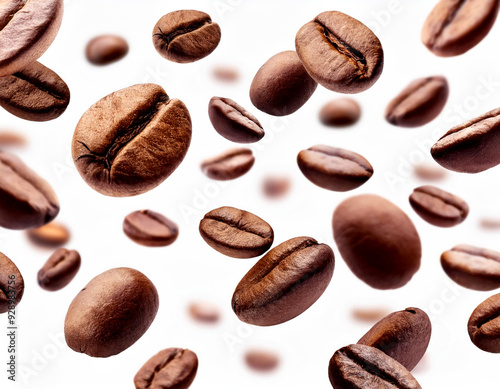 Isolated on a white background, falling coffee beans with selective focus