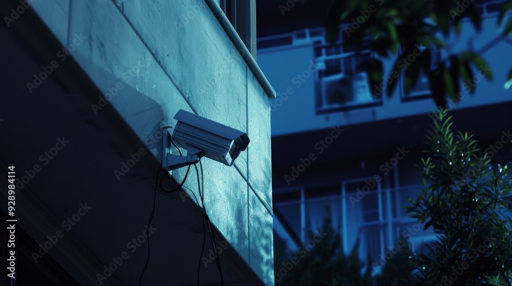 An outdoor surveillance camera attached to a building wall is dimly lit by twilight, evoking themes of security and urban observation. An outdoor surveillance camera attached to a building wall is dimly lit by twilight, evoking themes of security and urban observation.
