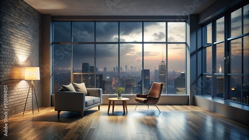 Lonely urban dweller's refuge: a sparse, dimly lit modern apartment with bare white walls, solitary chair, and distant cityscape view through large windows. photo