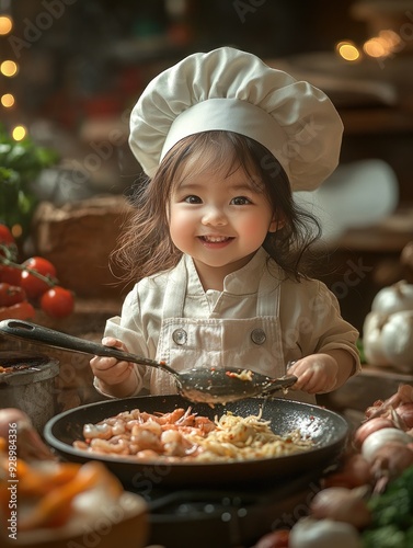 Cute toddler chef cooking a delicious vegetable dish