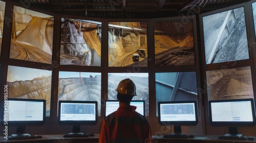 A worker with a safety helmet monitors a control room with multiple screens displaying scenes of an excavation site. photo