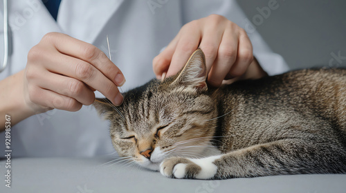 A veterinary acupuncturist gently inserting needles into a cat s pressure points photo