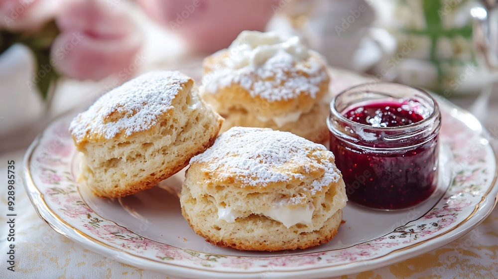 A plate of gooseberry scones, fresh out of the oven and dusted with powdered sugar, served with clotted cream and a jar of gooseberry jam A plate of gooseberry scones, fresh out of the oven and dusted with powdered sugar, served with clotted cream and a jar of gooseberry jam