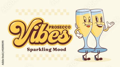Groovy Champagne Glass Retro Characters Banner. Cartoon Wine Party Walking and Smiling. Vector Celebration Beverage Mascot Template. Happy Vintage Cool Prosecco Illustration Isolated