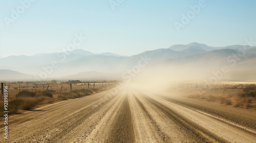 Uma estrada árida e empoeirada que atravessa uma área afetada pela seca, oferecendo amplo espaço para texto. photo