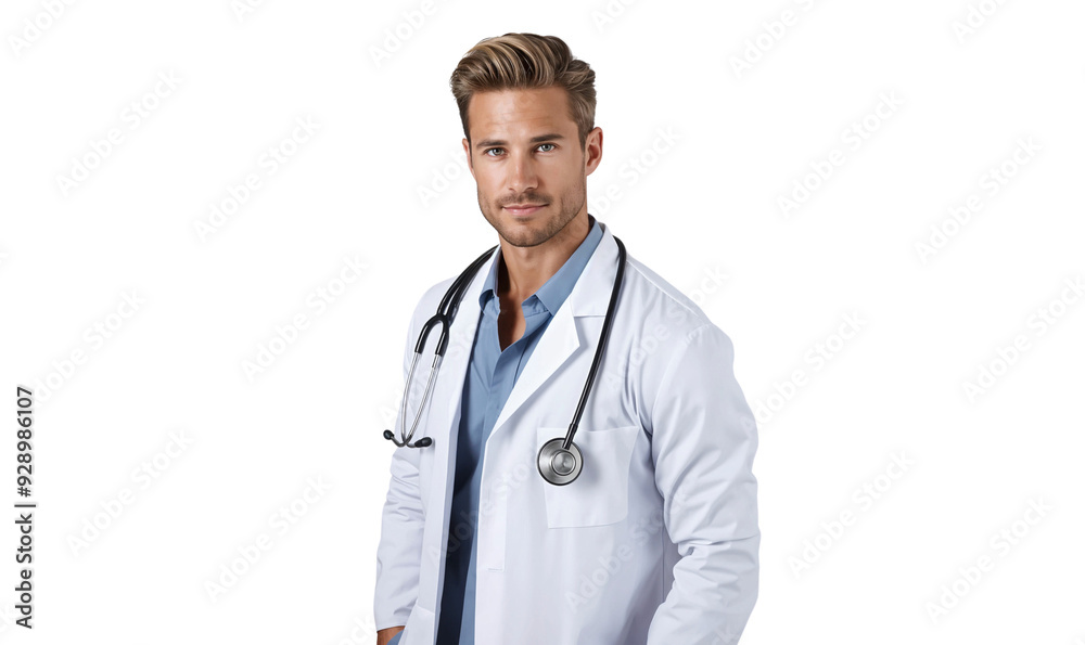 Fototapeta premium Portrait of a smiling male doctor in uniform with a stethoscope, isolated on transparent background
