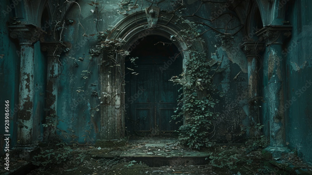 Overgrown entrance to an abandoned building with vines and darkened door in a forgotten location Overgrown entrance to an abandoned building with vines and darkened door in a forgotten location