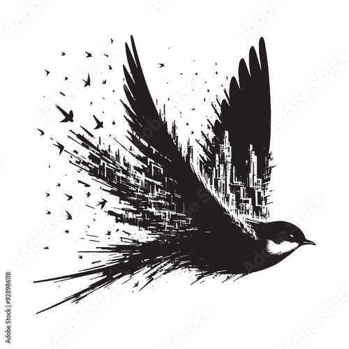 silhouette of Swallow filled with destroyed futuristic dystopia environment in rough drawing