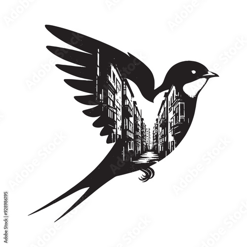 silhouette of Swallow filled with ghetto street in rough drawing