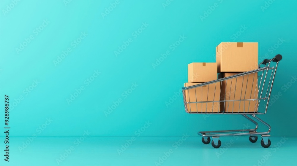 A shopping cart filled with cardboard boxes against a bright turquoise background, showcasing modern retail and consumerism. A shopping cart filled with cardboard boxes against a bright turquoise background, showcasing modern retail and consumerism.