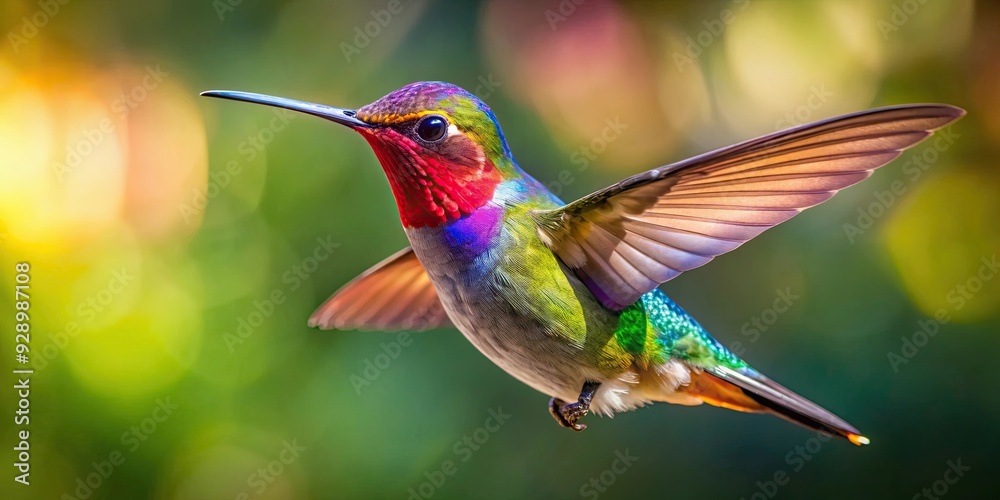 Fototapeta premium Colorful hummingbird flying in the air, hummingbird, colorful, flying, wildlife, nature, feathers, wings, elegance, beauty, vibrant