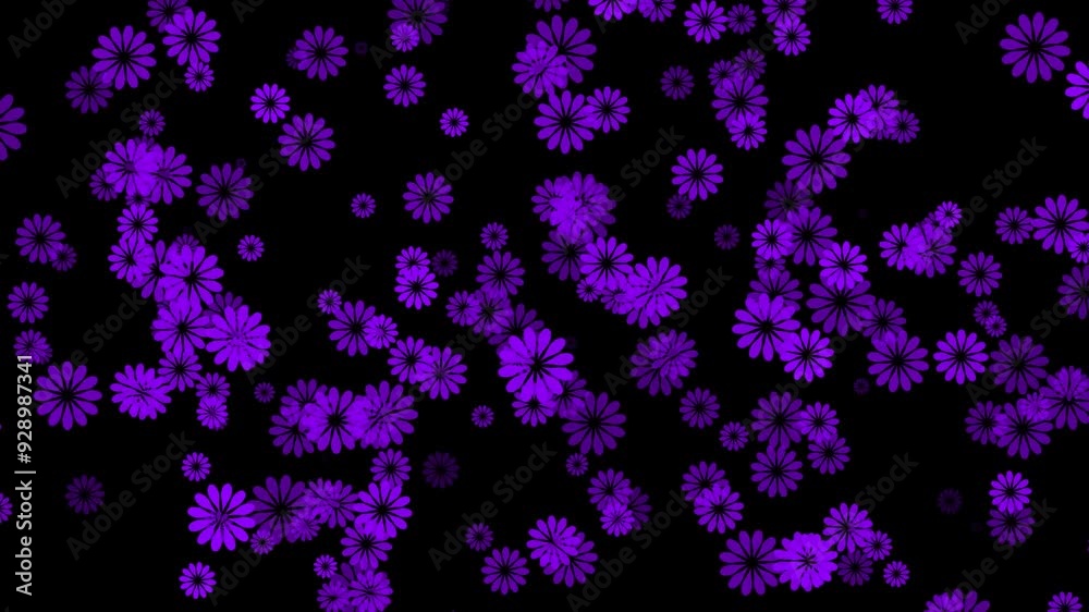 Purple color slowly moving elegant and simple flowers on black background, floral pattern modern background Purple color slowly moving elegant and simple flowers on black background, floral pattern modern background