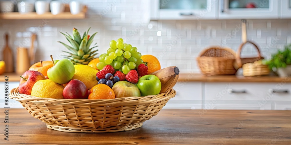 Fresh fruit basket on kitchen table, fruit, basket, fresh, healthy, organic, kitchen, table, colorful, variety, assorted Fresh fruit basket on kitchen table, fruit, basket, fresh, healthy, organic, kitchen, table, colorful, variety, assorted