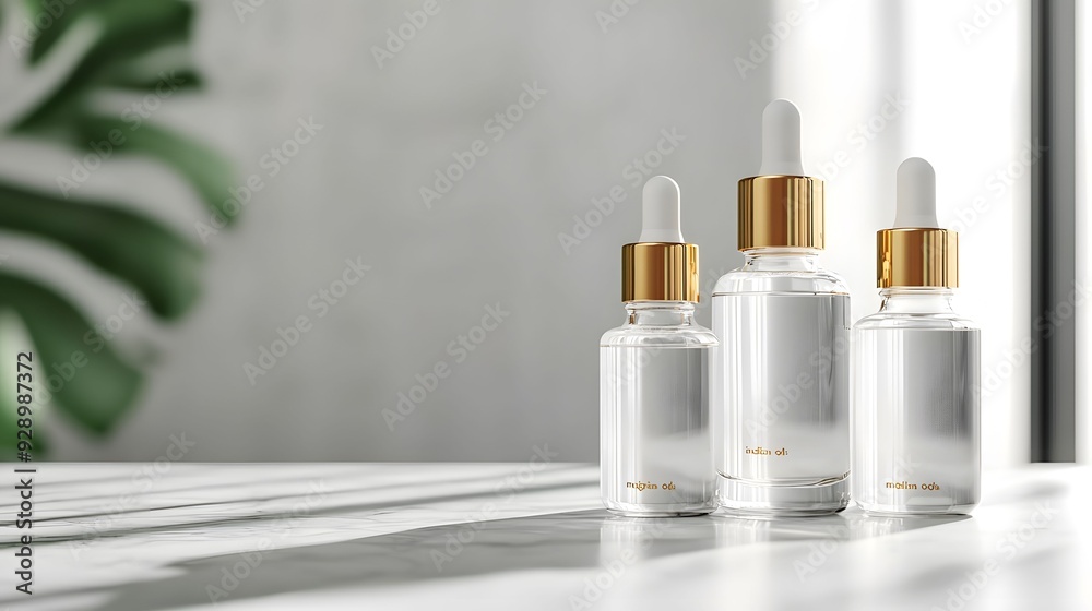 Elegant glass bottles with droppers on a bright surface, perfect for skincare or beauty product displays. Elegant glass bottles with droppers on a bright surface, perfect for skincare or beauty product displays.
