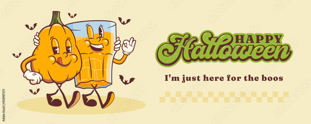 Halloween Groovy Pumpkin Spice and Booze Retro Characters Banner. Cartoon Alcohol Glass Walking and Smiling. Vector Funny Autumn Holiday Mascot Template. Happy Vintage Cool Illustration Isolated Halloween Groovy Pumpkin Spice and Booze Retro Characters Banner. Cartoon Alcohol Glass Walking and Smiling. Vector Funny Autumn Holiday Mascot Template. Happy Vintage Cool Illustration Isolated