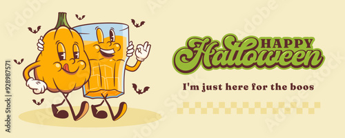 Halloween Groovy Pumpkin Spice and Booze Retro Characters Banner. Cartoon Alcohol Glass Walking and Smiling. Vector Funny Autumn Holiday Mascot Template. Happy Vintage Cool Illustration Isolated
