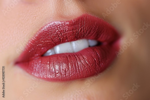 Woman showing white teeth smiling showing red lipstick closeup