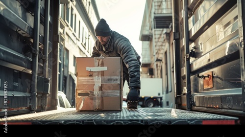 A man unloads parcels from a delivery truck in an urban setting, his breath visible in the cold morning air.