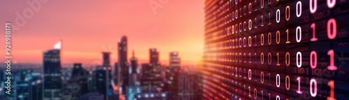 A digital storm of binary code engulfing a city skyline, symbolizing a largescale cyber attack, urban vulnerability