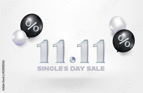 11.11 single day sale banner template design with balloon for web or social media. Silver 11 metallic number 3d illustration vector premium