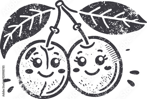 Grunge-Style Plums Smiling Fruit Character with Texture, Rough Hand-Drawn with Grainy Print Effect.