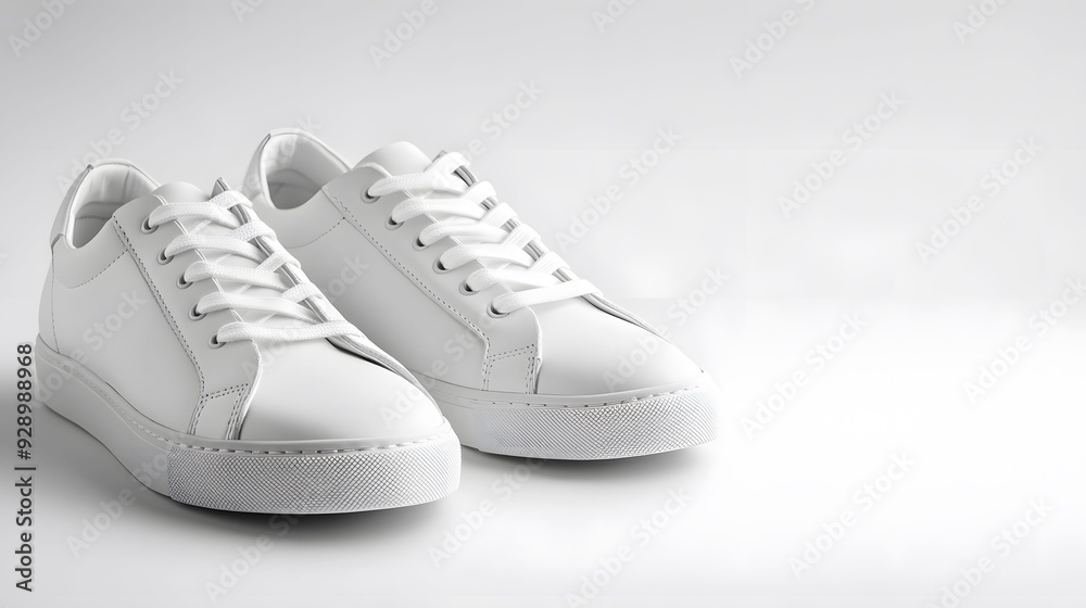 Modern white sneakers displayed on a minimalist background, perfect for casual wear or sports activities. Modern white sneakers displayed on a minimalist background, perfect for casual wear or sports activities.