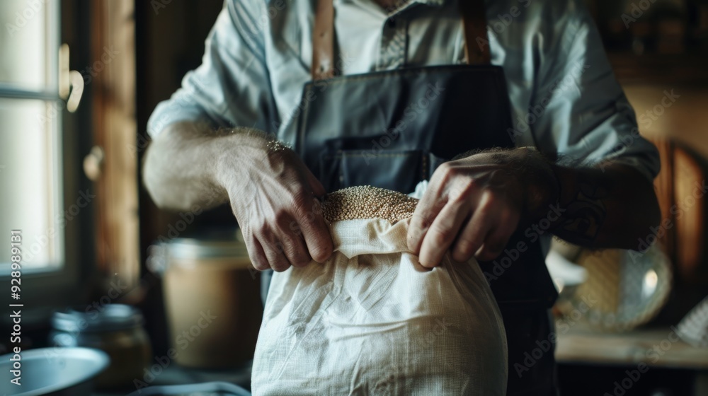 Fototapeta premium Hands gently opening a sack of grains in a rustic, sunlit kitchen, highlighting themes of traditional food preparation and organic living.