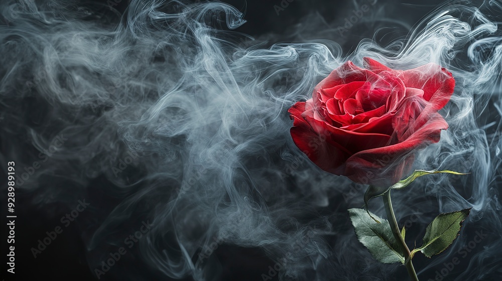 Red rose wrapped in smoke swirl on black background Red rose wrapped in smoke swirl on black background