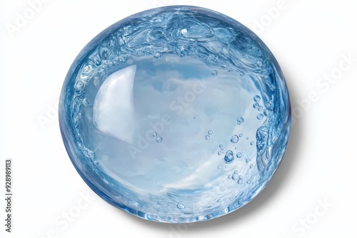 A round drop of blue water on white background , Blue serum serum texture, transparent blue liquid gel drop