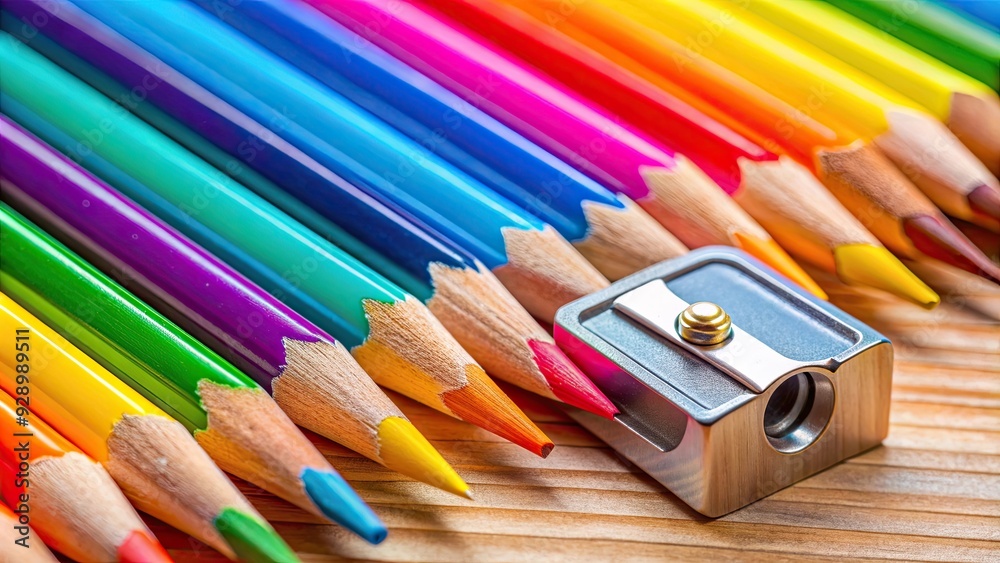 © Udomner - Close-up of colorful pencils being sharpened with a sharpener on a desk, pencils, sharpener, colorful, school supplies © Udomner - Close-up of colorful pencils being sharpened with a sharpener on a desk, pencils, sharpener, colorful, school supplies