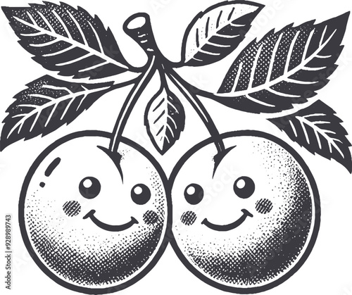 Grunge-Style Plums Smiling Fruit Character with Texture, Rough Hand-Drawn with Grainy Print Effect.