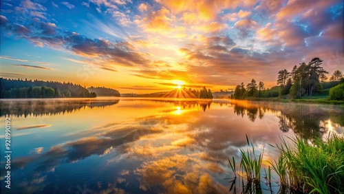 Serene sunrise casting a warm glow over a tranquil lake, peaceful, serene, sunrise, tranquil, lake, calm, reflection, water