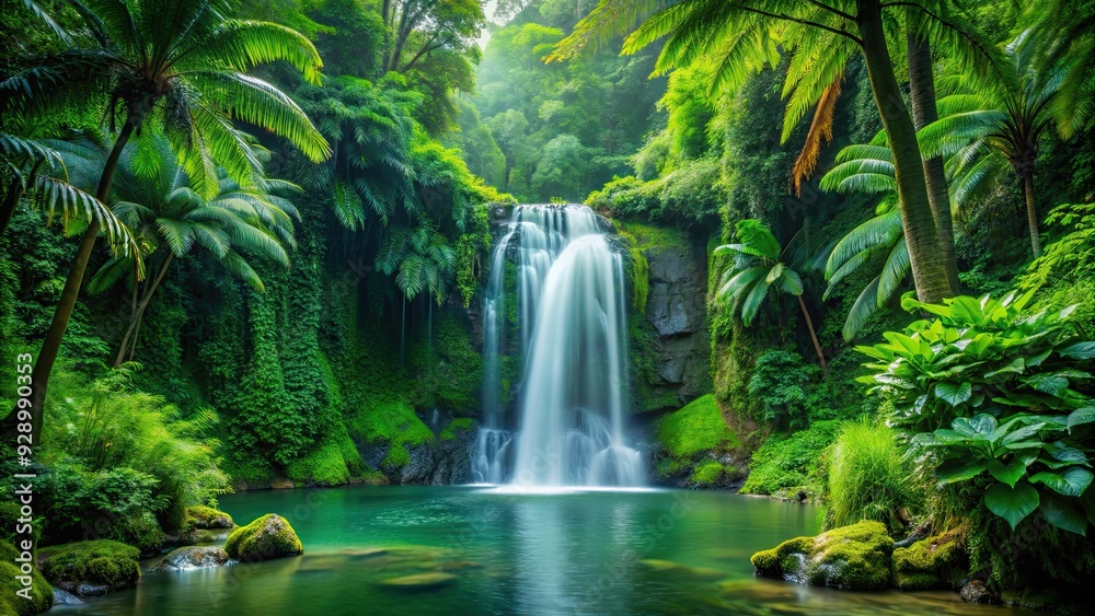 Tropical waterfall cascading down lush green foliage in a serene forest setting, waterfall, tropical, forest, nature, beauty Tropical waterfall cascading down lush green foliage in a serene forest setting, waterfall, tropical, forest, nature, beauty