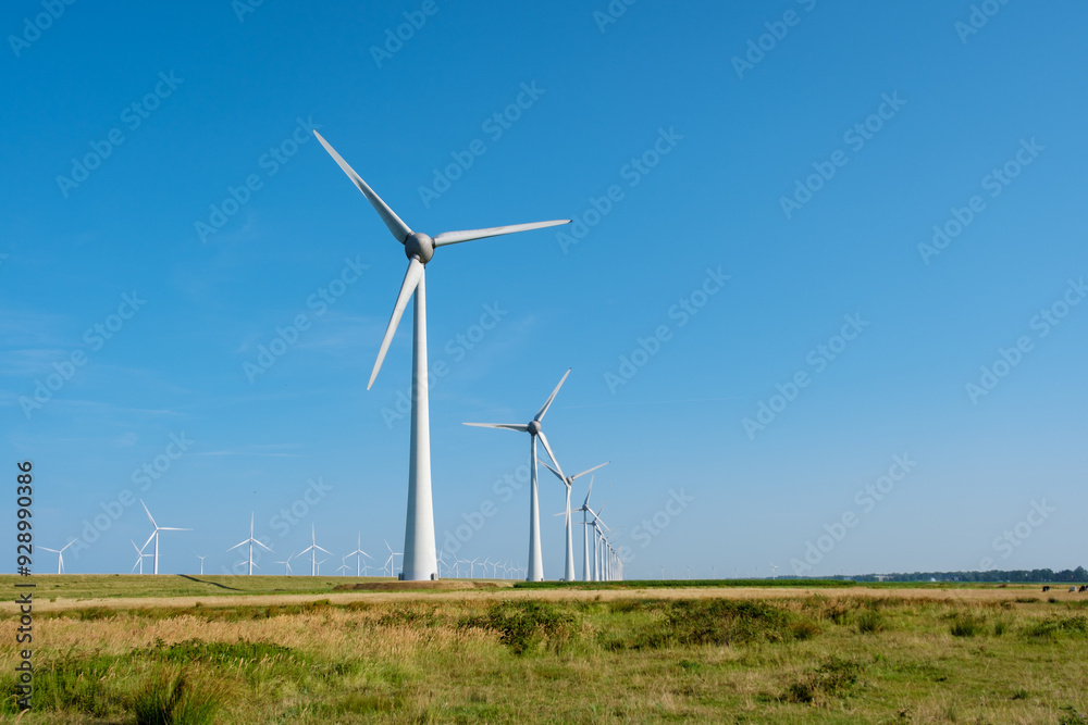 Breezy Day at a Serene Windmill Park in the Netherlands Under Clear Blue Skies Breezy Day at a Serene Windmill Park in the Netherlands Under Clear Blue Skies