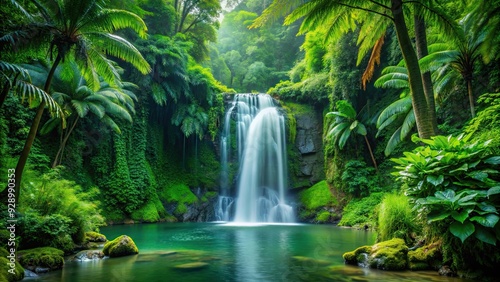 Tropical waterfall cascading down lush green foliage in a serene forest setting, waterfall, tropical, forest, nature, beauty