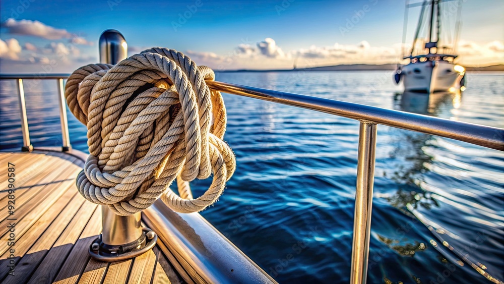 Obraz premium Rope tied to railing on a sailboat deck , nautical, maritime, ship, sailing, vessel, rigging, mooring, knot, tying, secure, line