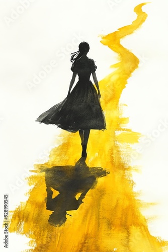 A silhouette of a woman walking along a vibrant yellow path, evoking feelings of freedom, journey, and artistic expression.