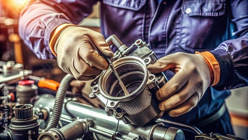 Macro shot of a mechanic's hands cleaning and inspecting a throttle body, surrounded by tools and equipment, in a well-lit garage workshop setting.