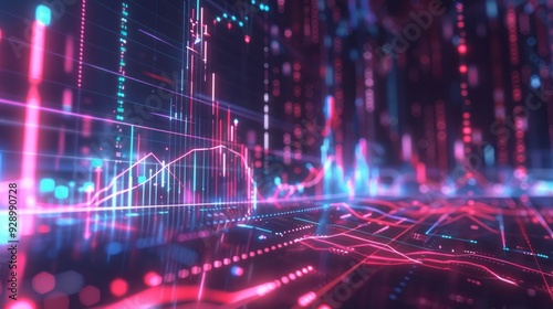 An abstract depiction of stock market trends with radiant neon lines and data points on a dark backdrop, representing financial growth.