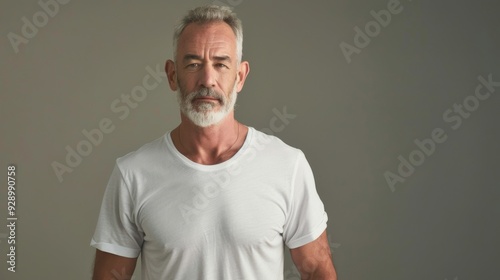 A mature man with a strong presence stands confidently in a simple white t-shirt against a plain background, exuding strength and wisdom.