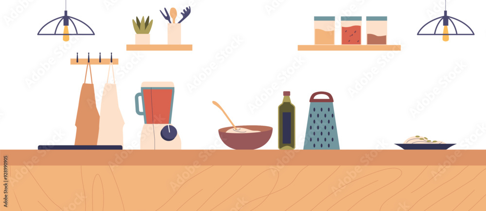 Modern Kitchen Setup With Various Cooking Utensils And Ingredients In Neat And Organized Manner. Interior Background Modern Kitchen Setup With Various Cooking Utensils And Ingredients In Neat And Organized Manner. Interior Background