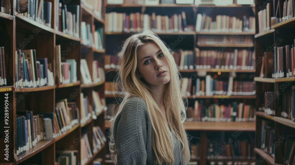 Portrait of a young woman browsing through library bookshelves, immersed in her literary exploration. Portrait of a young woman browsing through library bookshelves, immersed in her literary exploration.