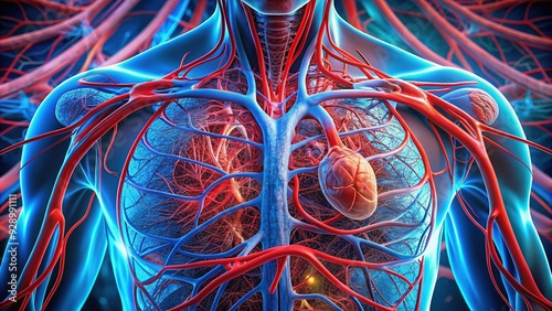 Macro view of a human body's circulatory system with vibrant red and blue vessels and surrounding tissues, highlighting the intricate network of organs and pathways. photo