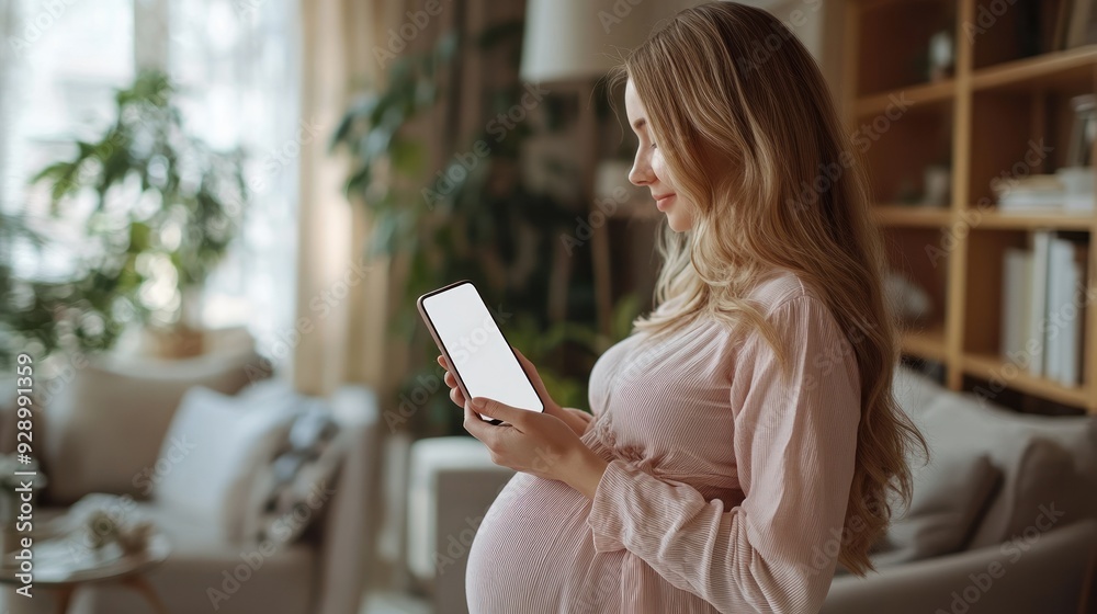 Pregnant woman using a tablet in bright living room Pregnant woman using a tablet in bright living room